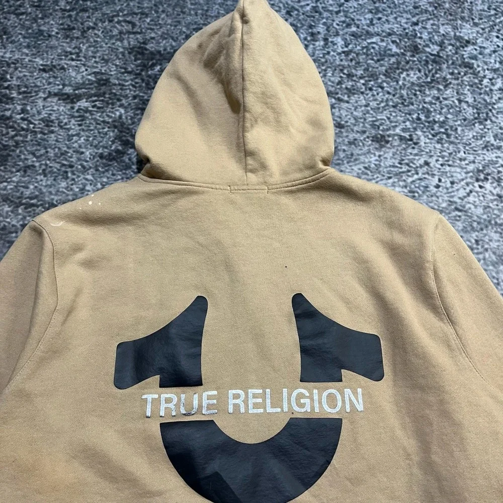 True Religion Zip Up Hoodie‎ Mens XL Beige Logo Graphic Y2K
